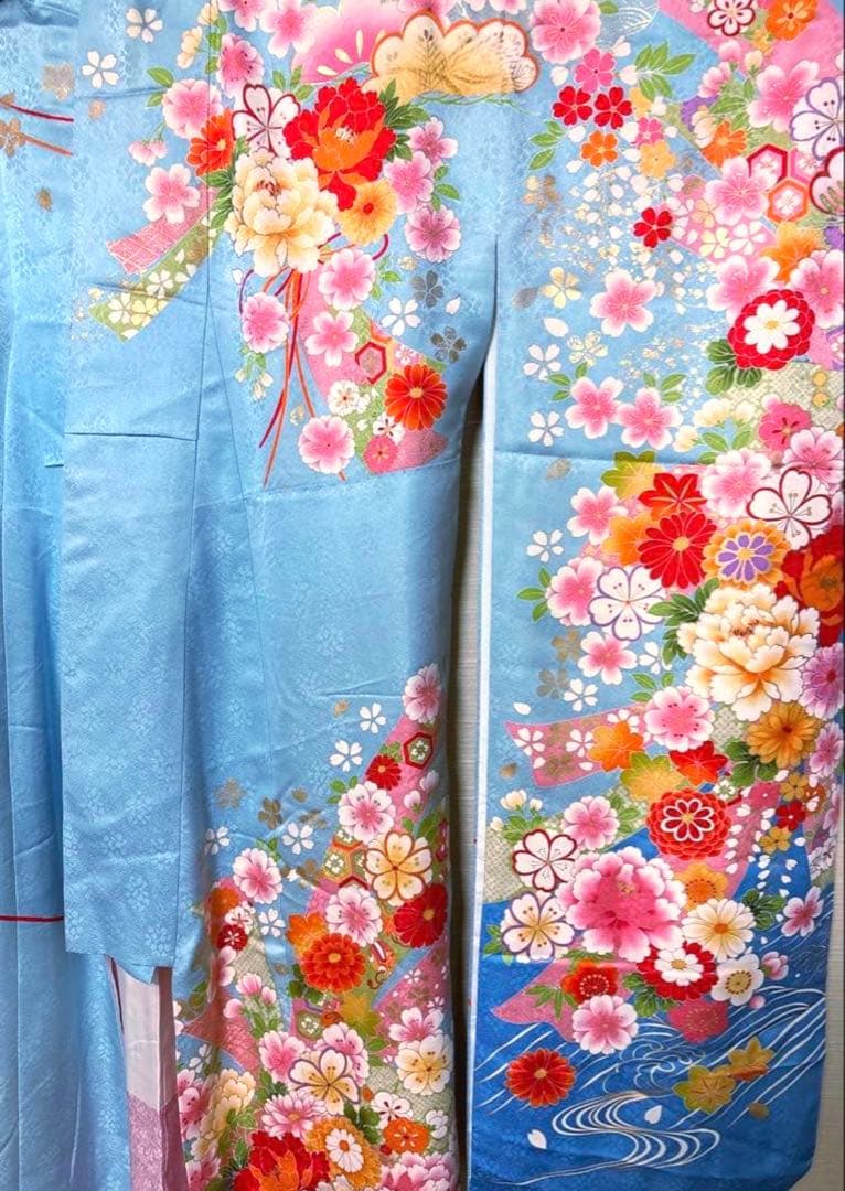 天色 牡丹 花々 振袖 身丈157