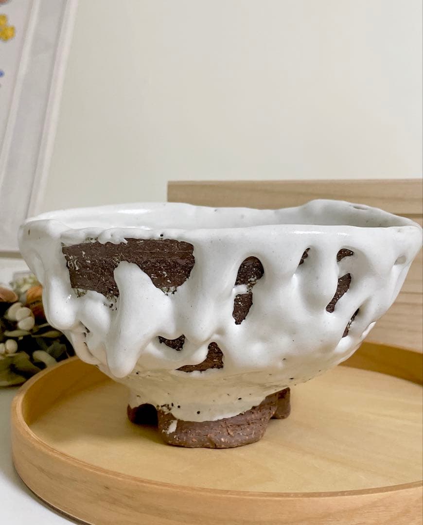 萩焼　山根清玩　鬼萩　割高台　新品　光彩庵　抹茶碗　楕円形　オーバル　陶器　作家