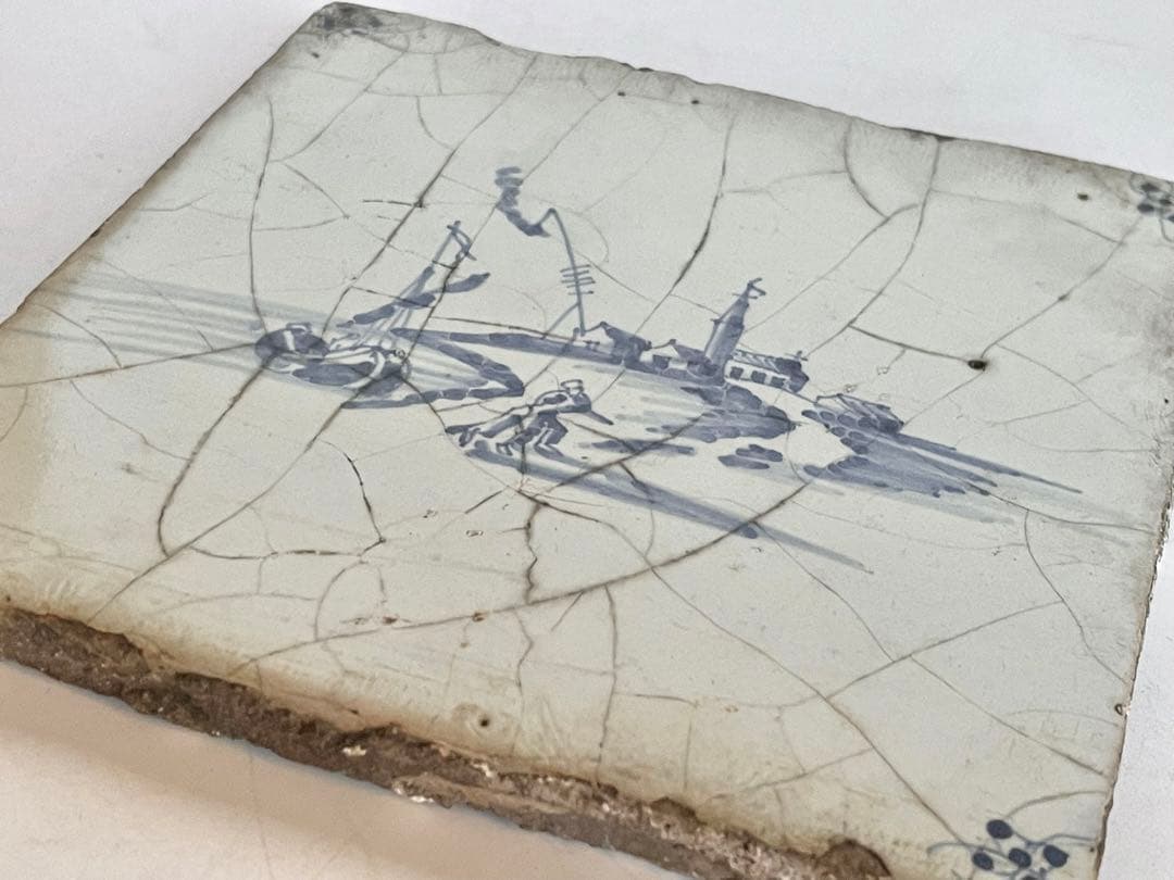 骨董　アンティーク　デルフトタイル　染付　人物文　港　船　17世紀　オランダ