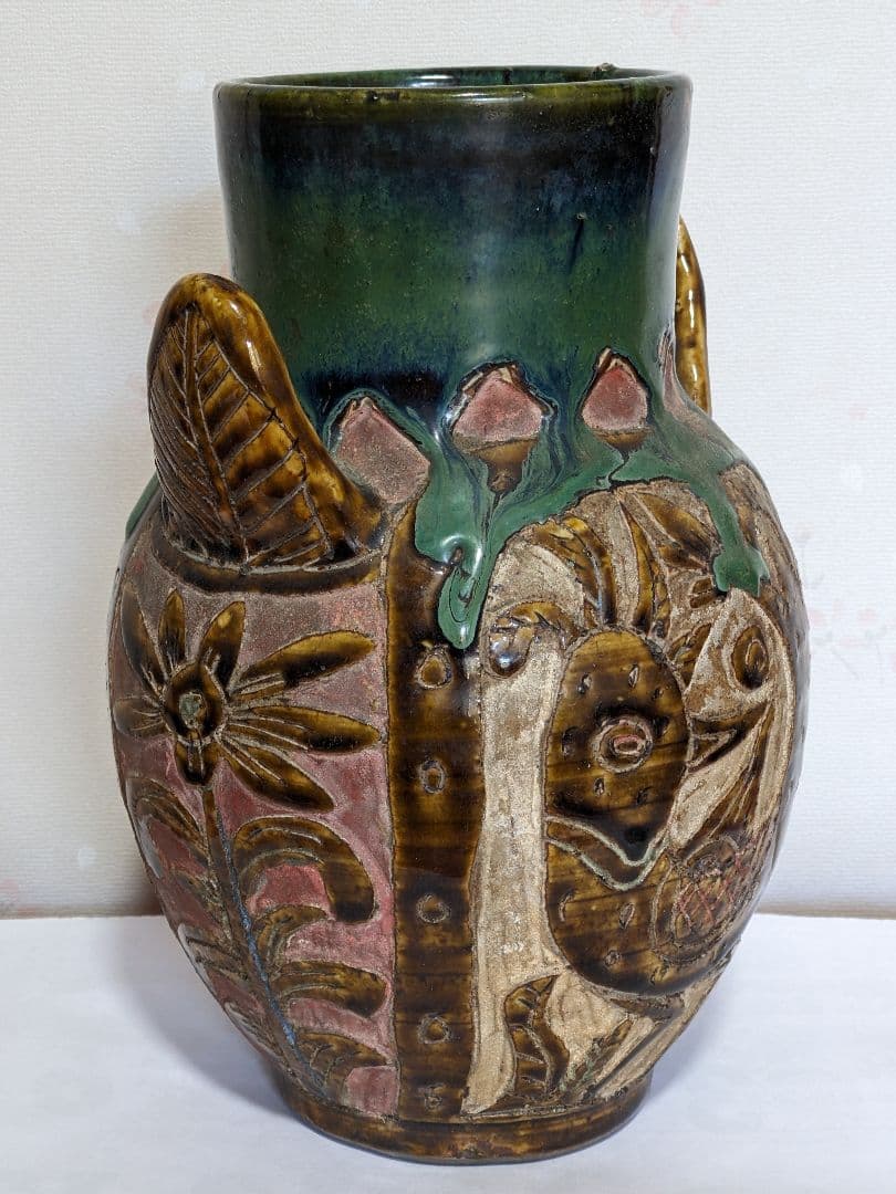 ♦琉球 飴釉掻落し 魚紋文様 双耳壺 瓶 沖縄花瓶 珍物珍品 古美術品 骨董品