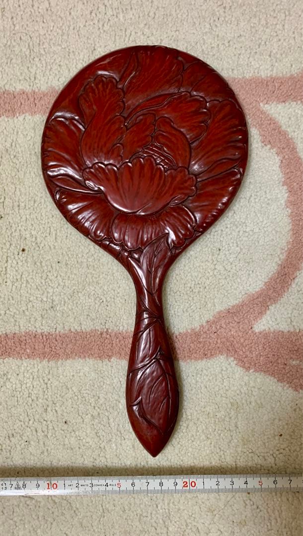 未使用品　鎌倉彫　手鏡　芍薬　アンティーク　昭和レトロ