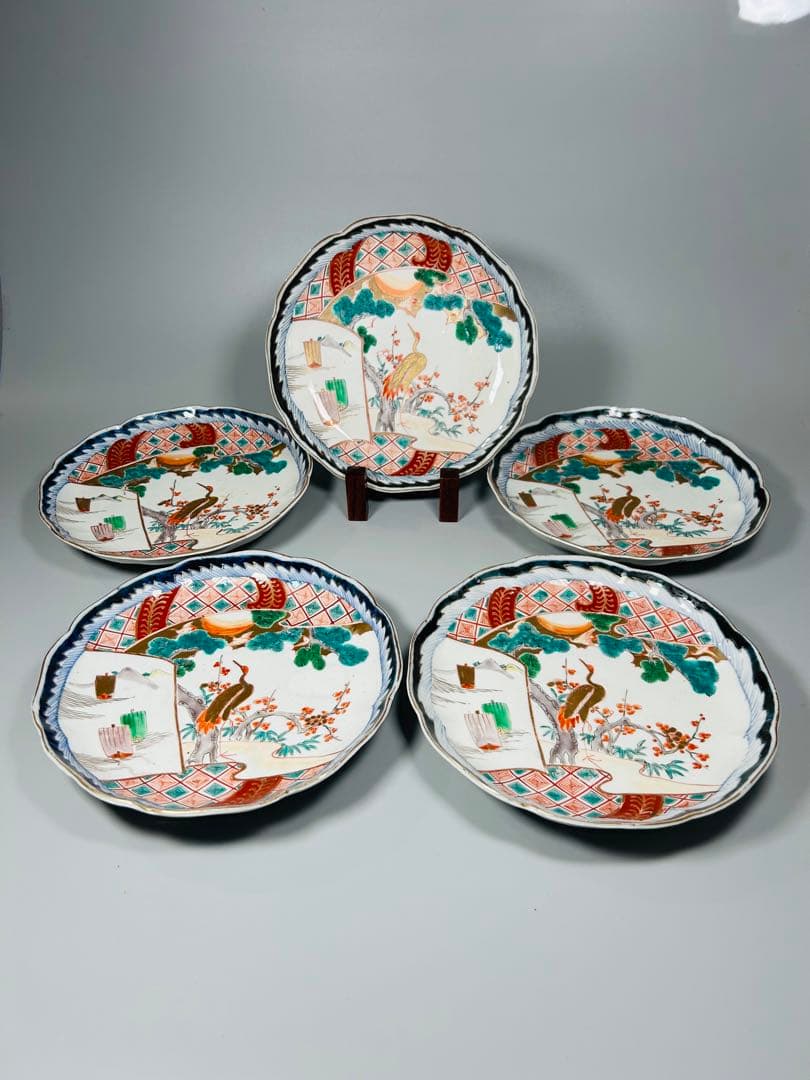 古伊万里　色絵　金襴手　松竹梅　鶴　輪花　七寸皿　5枚　21.5㎝　窓絵　帆舟