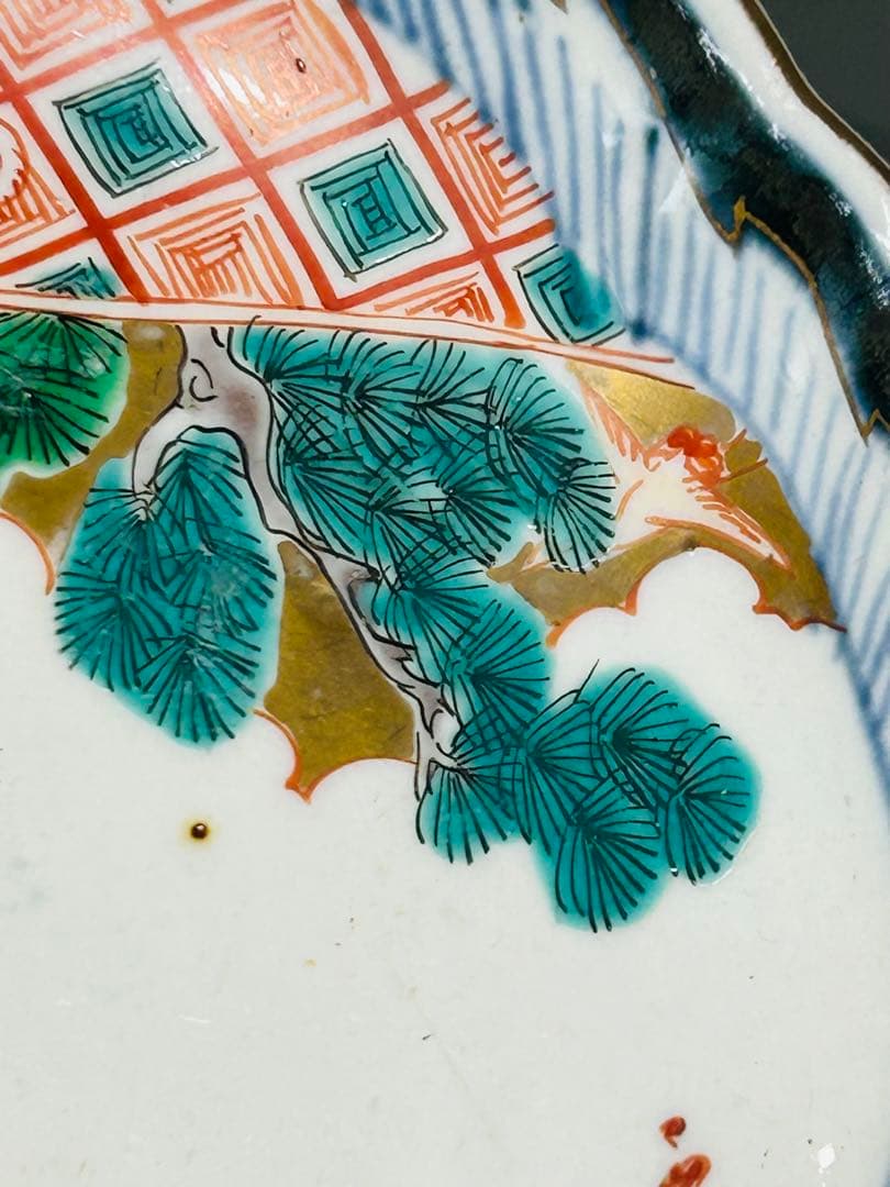 古伊万里　色絵　金襴手　松竹梅　鶴　輪花　七寸皿　5枚　21.5㎝　窓絵　帆舟