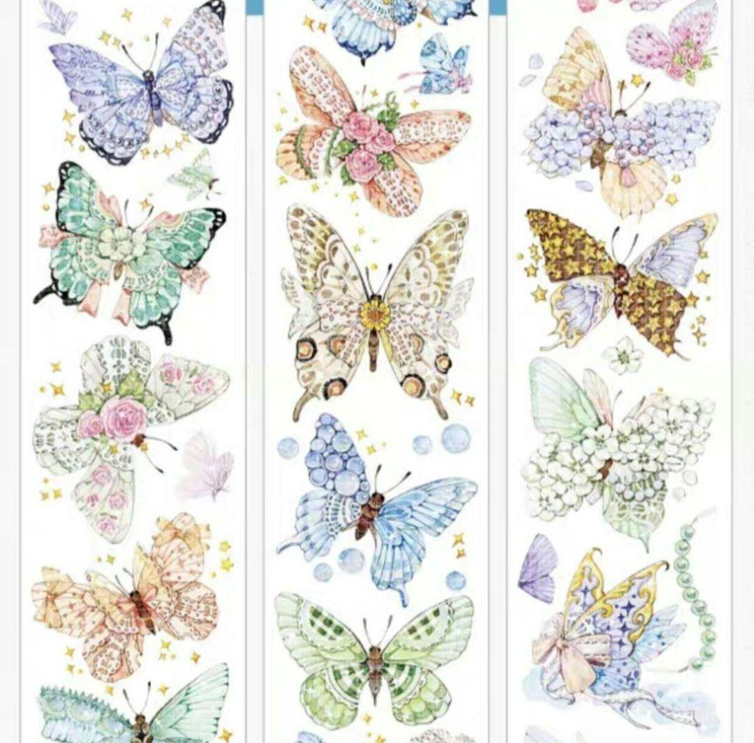 巻売 203★ 海外 マスキングテープ マステ PET 装飾 花 蝶 銀ホロ