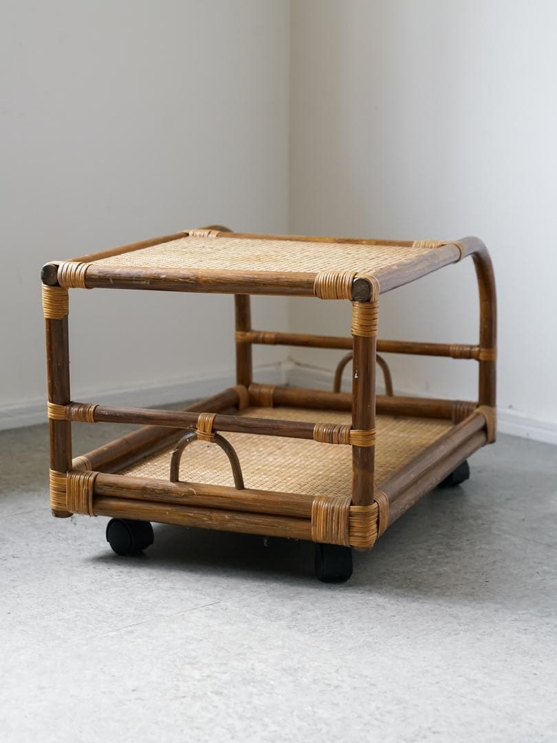 80-90's vintage ワゴンテーブル 藤 ラタン レトロモダン