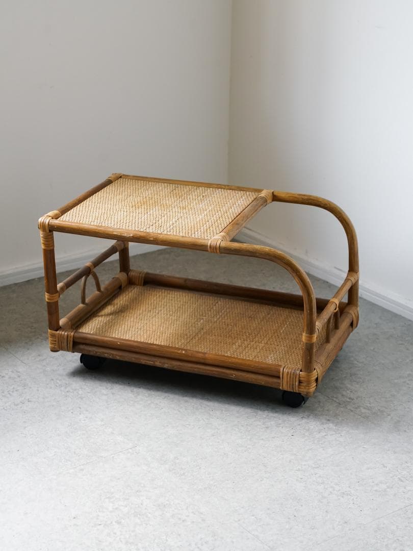 80-90's vintage ワゴンテーブル 藤 ラタン レトロモダン