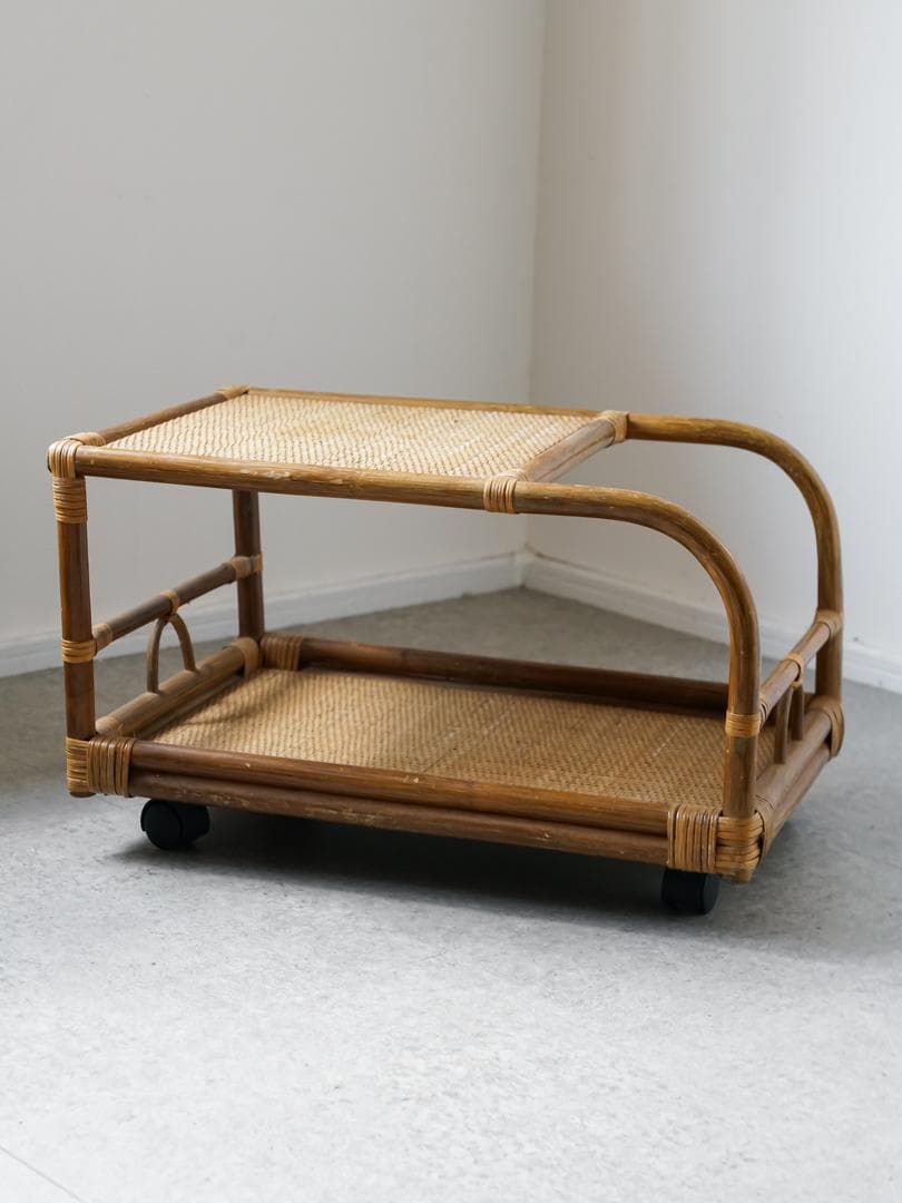 80-90's vintage ワゴンテーブル 藤 ラタン レトロモダン