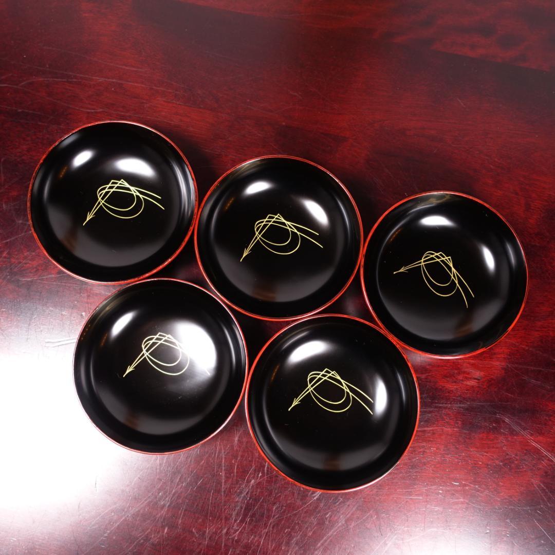 山中塗 喜八作 朱塗 内黒塗 見返結び松蒔絵 吸物椀 5客 共箱