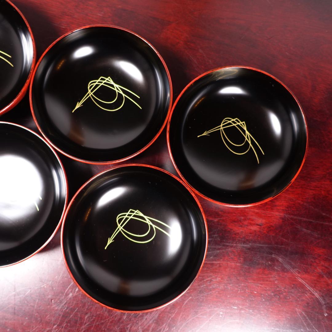 山中塗 喜八作 朱塗 内黒塗 見返結び松蒔絵 吸物椀 5客 共箱