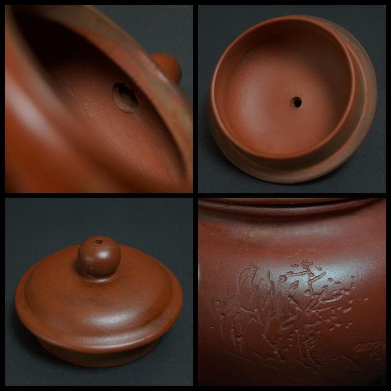 煎茶道具 宜興 山水主人 孟臣造 細工彫り『山水漢詩文』急須 紫砂壷 ★時代物★