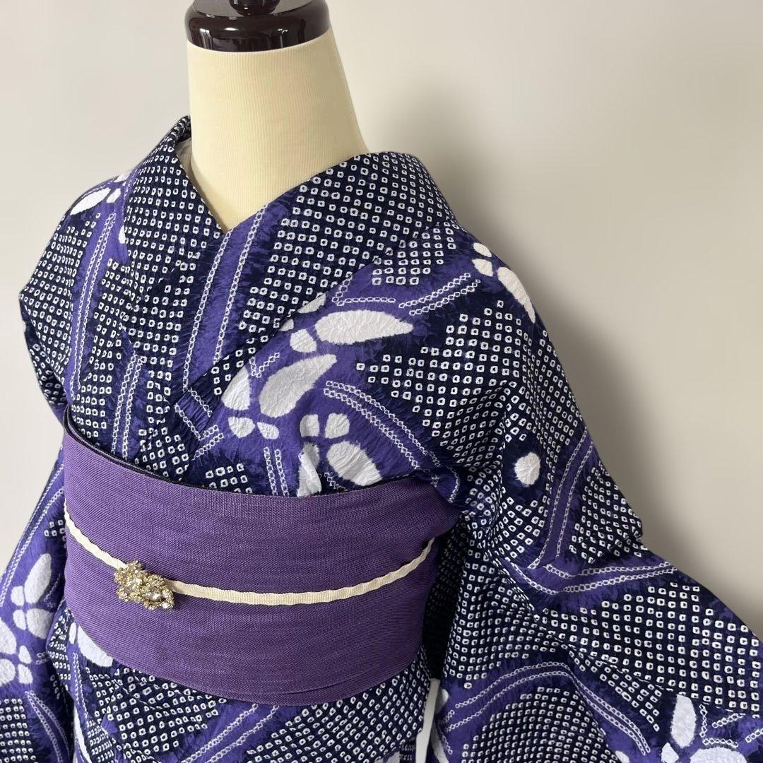 a-06 有松絞り　浴衣　紫　蝶々　裄68 良品