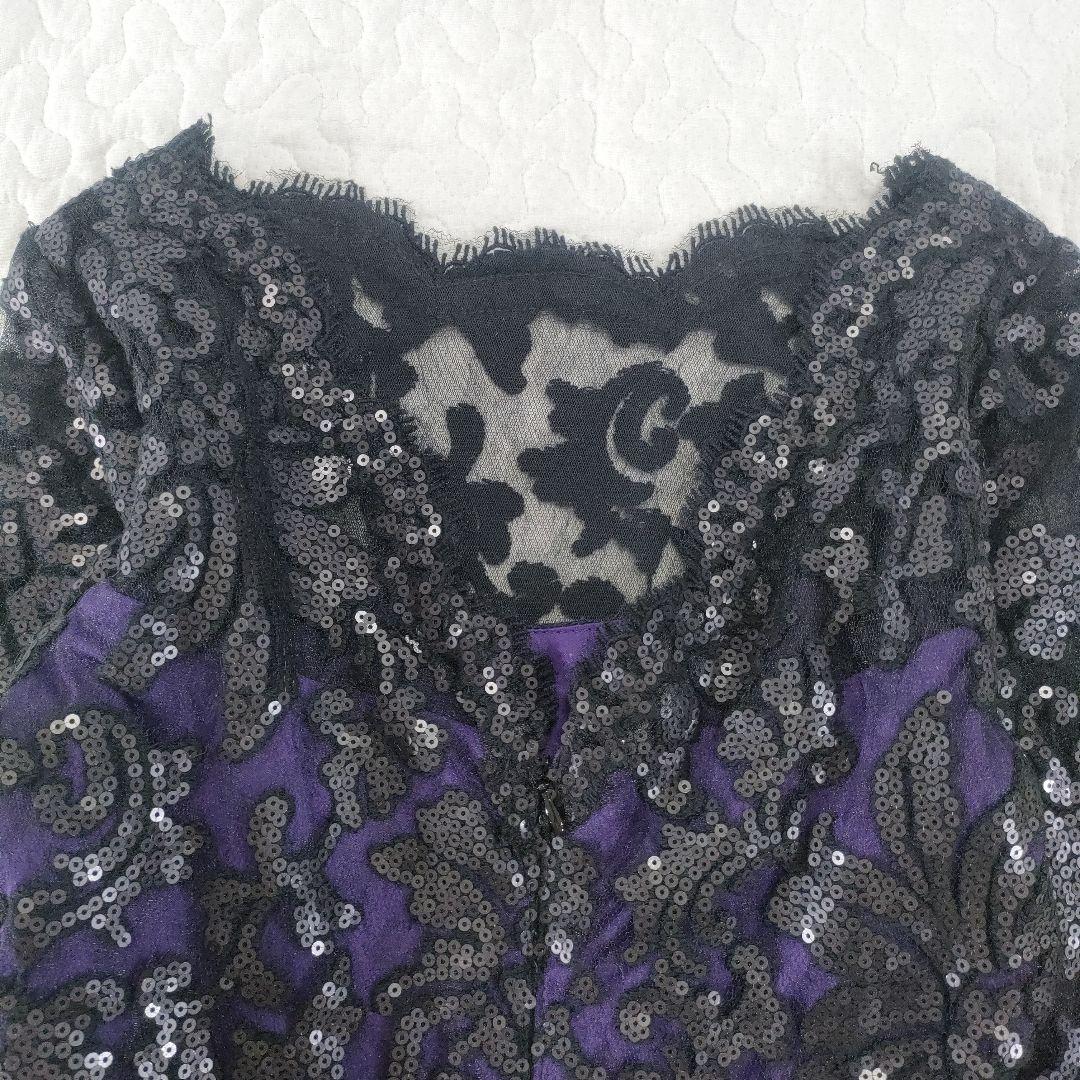 美品✨タダシショージ　レース×スパンコール　ワンピースドレス　ベルト　黒×紫