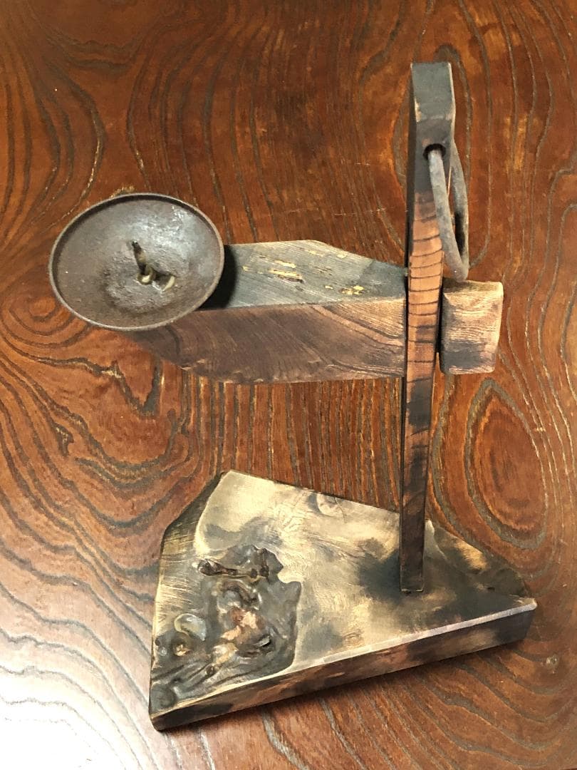 【 高低可変杢燭台 】　天然杢製　66ｃｍ　江戸時代　僅少品