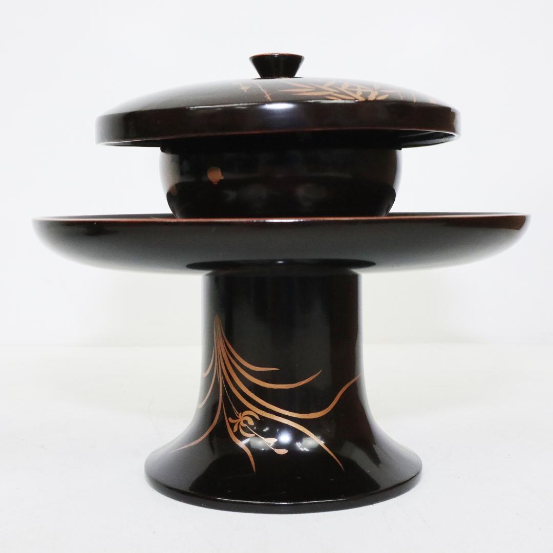 四君子蒔絵 黒腰高茶台 漆 一対　共箱 天目台 黒塗