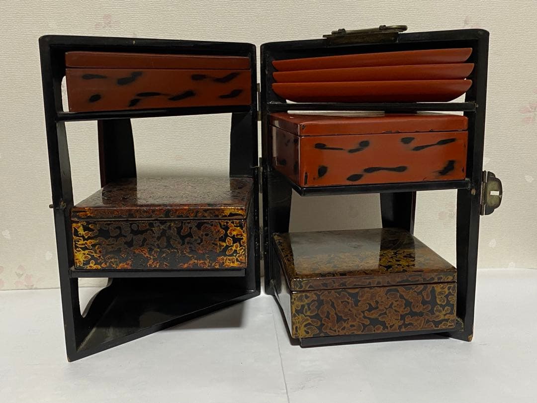 ♦明治時代工芸品 花見 野立て用 四段携帯弁当箱 提重 漆器 古美術品 骨董品