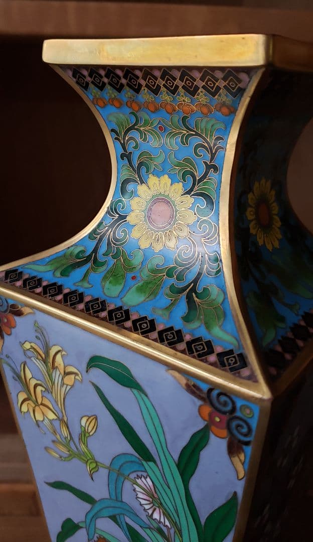 七宝 花瓶 花鳥図 台座付