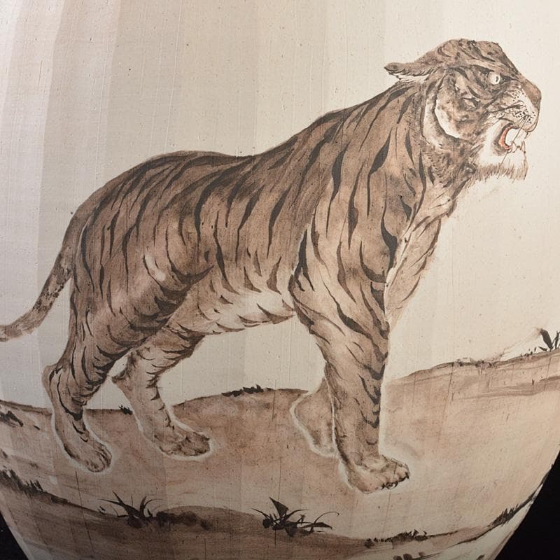 渋草焼　渋草柳造窯　漢詩虎文　猛虎　壷　花入　共箱　N　5788C