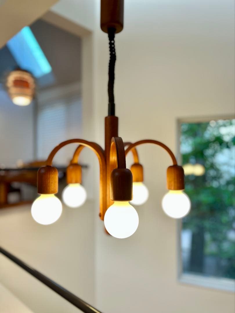 独1970年代　DOMUS　チーク無垢材　ヴィンテージ・5灯シャンデリア　美品