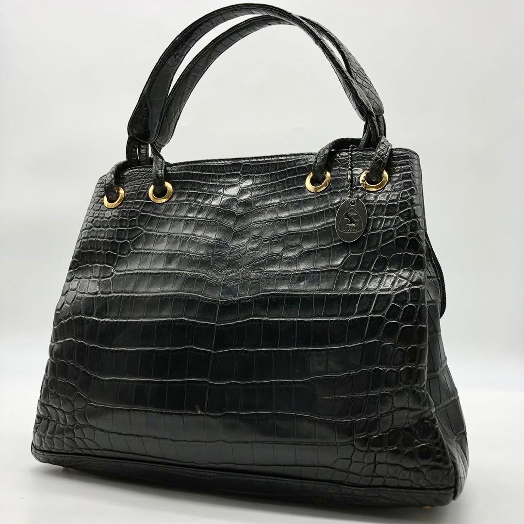JRAタグ付　クロコダイル　ハンドバッグ　シャイニングクロコ　ワニ革　ブラック