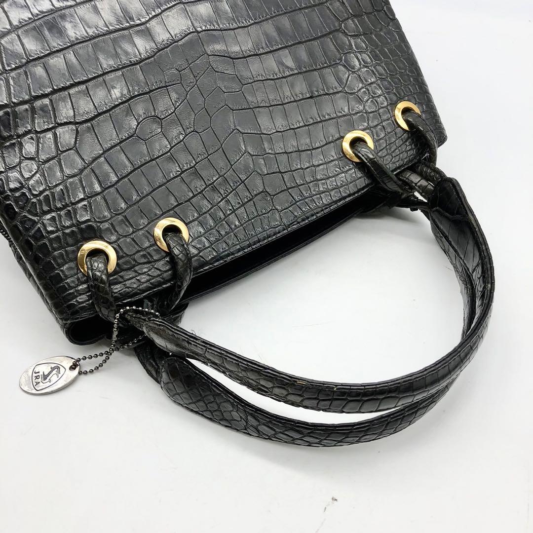 JRAタグ付　クロコダイル　ハンドバッグ　シャイニングクロコ　ワニ革　ブラック