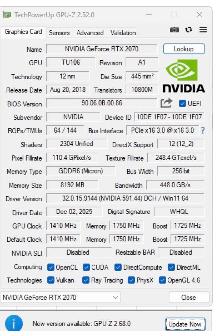 グラフィックボード・グラボ・ビデオカード PALIT GeForce RTX2070 8GB