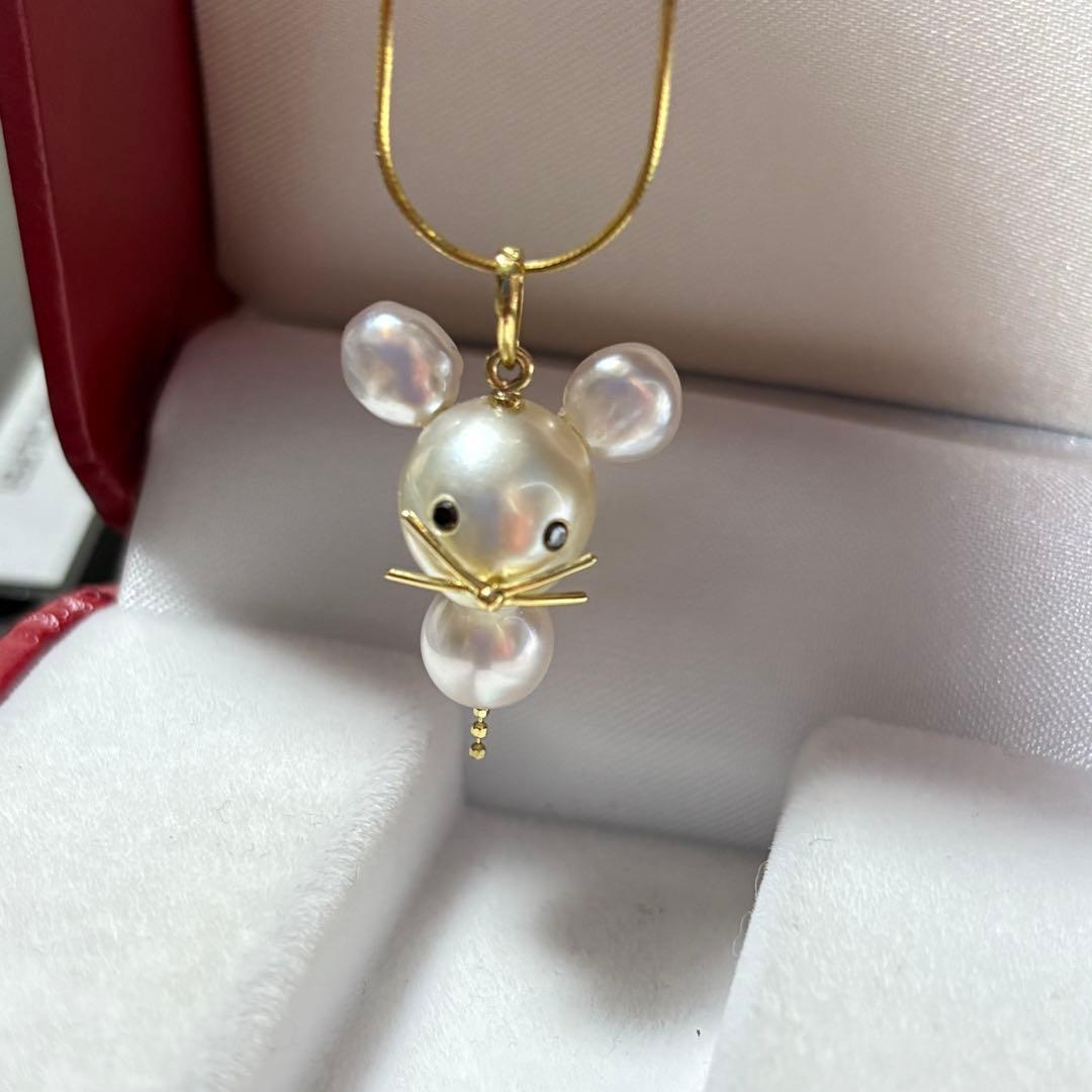 P04 K18　ケシ　白蝶真珠　ネズミ　あこやパール　ペンダント　ブラックダイヤ