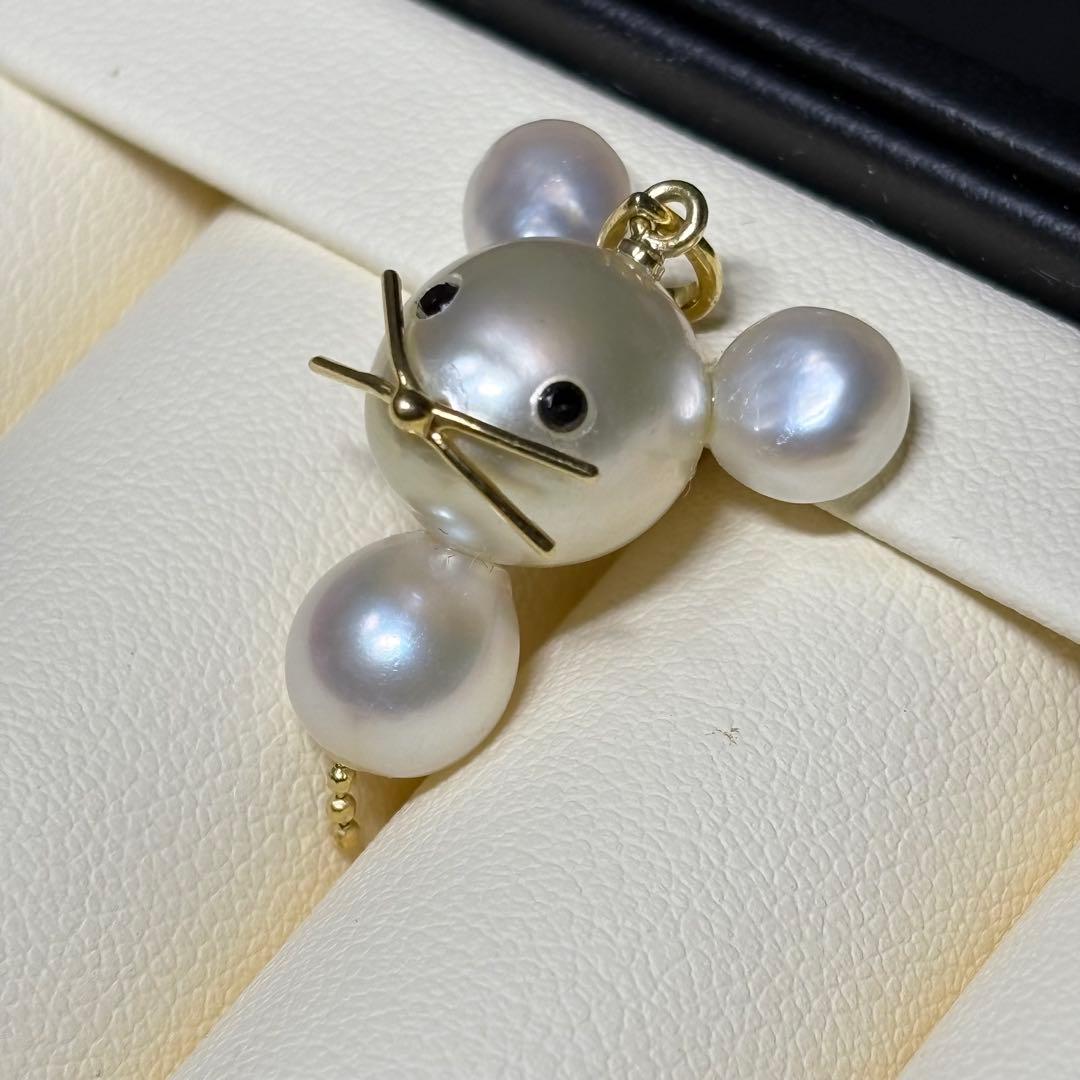 P04 K18　ケシ　白蝶真珠　ネズミ　あこやパール　ペンダント　ブラックダイヤ