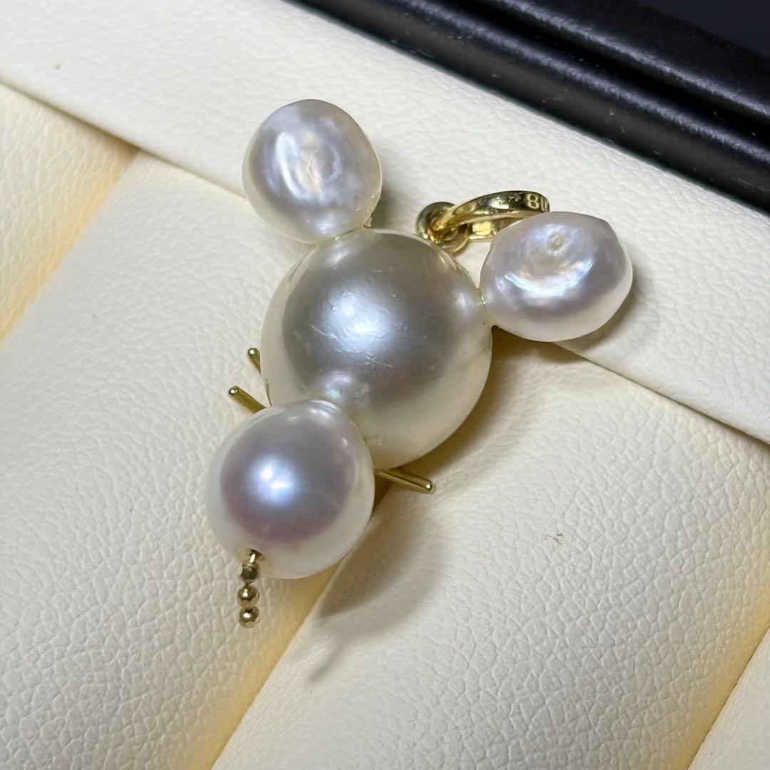 P04 K18　ケシ　白蝶真珠　ネズミ　あこやパール　ペンダント　ブラックダイヤ