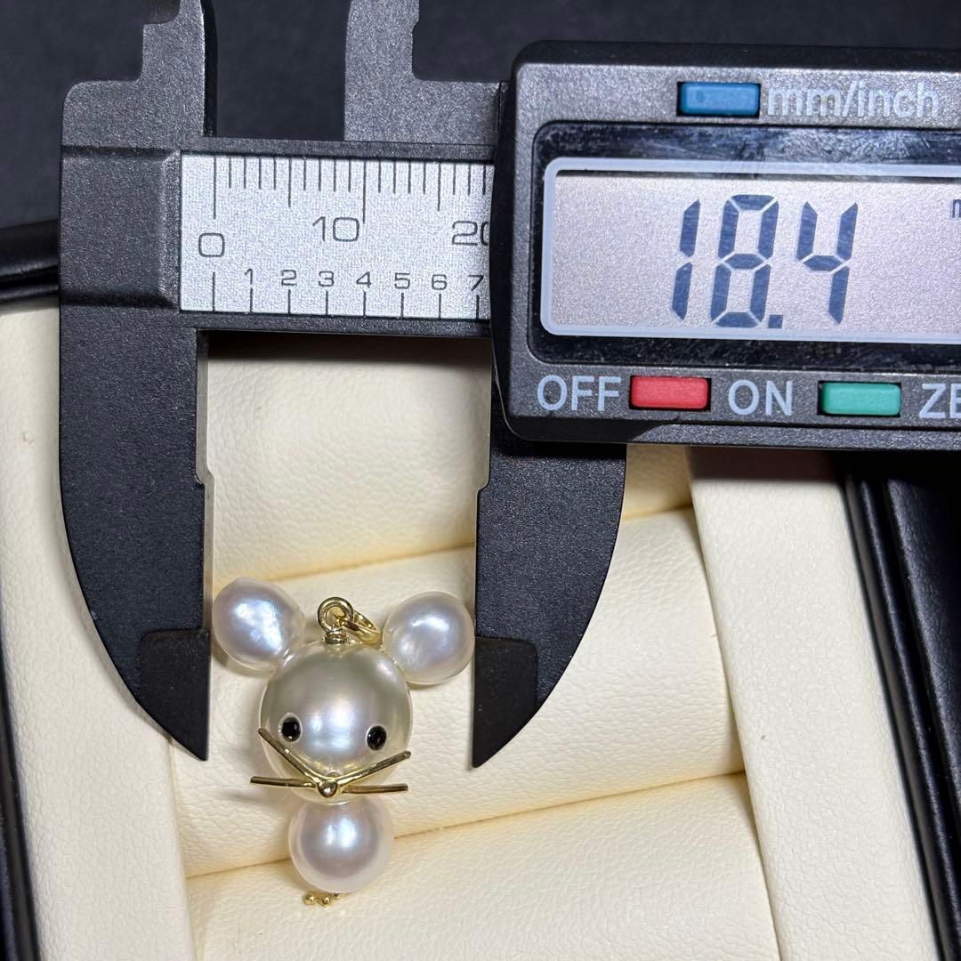 P04 K18　ケシ　白蝶真珠　ネズミ　あこやパール　ペンダント　ブラックダイヤ