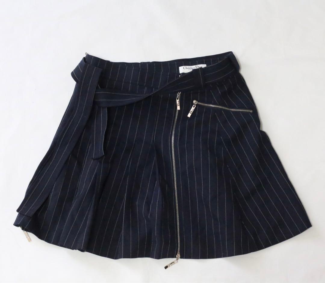 美品 Dior ディオール ストライプ スカート ジップ ベルト プリーツ