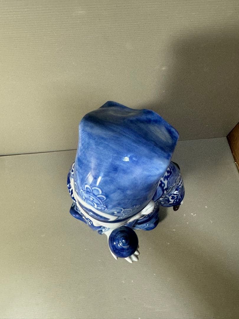 2625 九谷焼　八幡窯　菊仙　染付　寿老人　縁起物　置物　美品