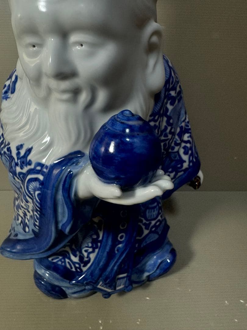 2625 九谷焼　八幡窯　菊仙　染付　寿老人　縁起物　置物　美品