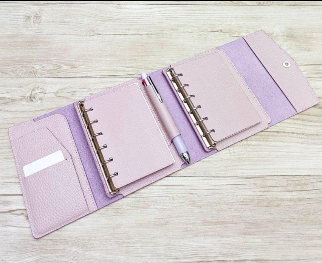 【新品】手帳 ミニ6システム ダブルリング 2セット分 レザー ピンクベージュ