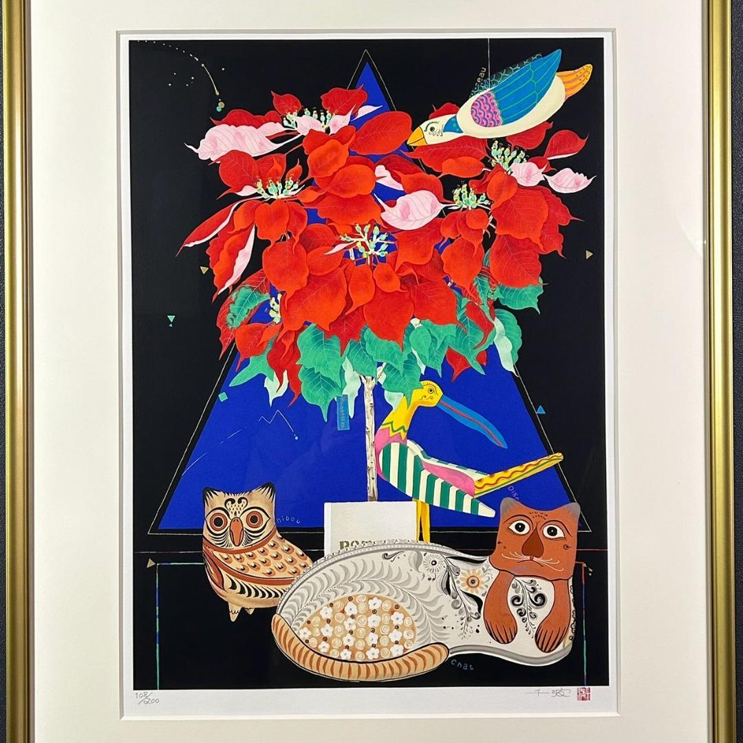 美品 中島千波「ポインセチア」リトグラフ 直筆サイン・落款有 額縁入り 日本画家
