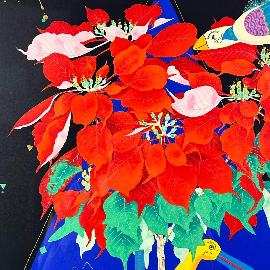 美品 中島千波「ポインセチア」リトグラフ 直筆サイン・落款有 額縁入り 日本画家