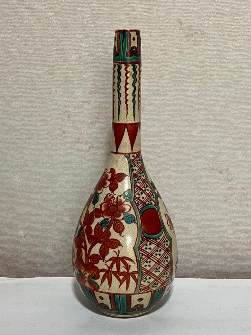 ♦赤絵 赤玉 瓔珞 鋸歯 紋様 鶴首瓶 徳利 九谷焼 越中八尾 大正時代 骨董品