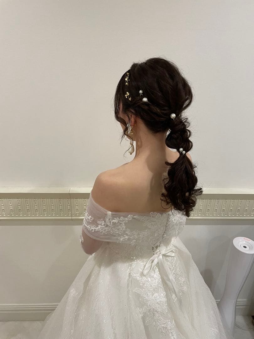 YNS ウェディングドレス パニエ、ベール、オフショルダー付