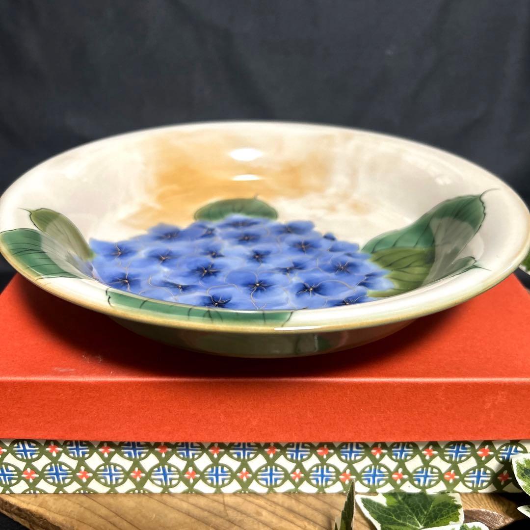 未使用　清水焼　京焼 土渕陶葊　陶あん　陶葊窯 絵付け　金彩　紫陽花　大皿　絵皿
