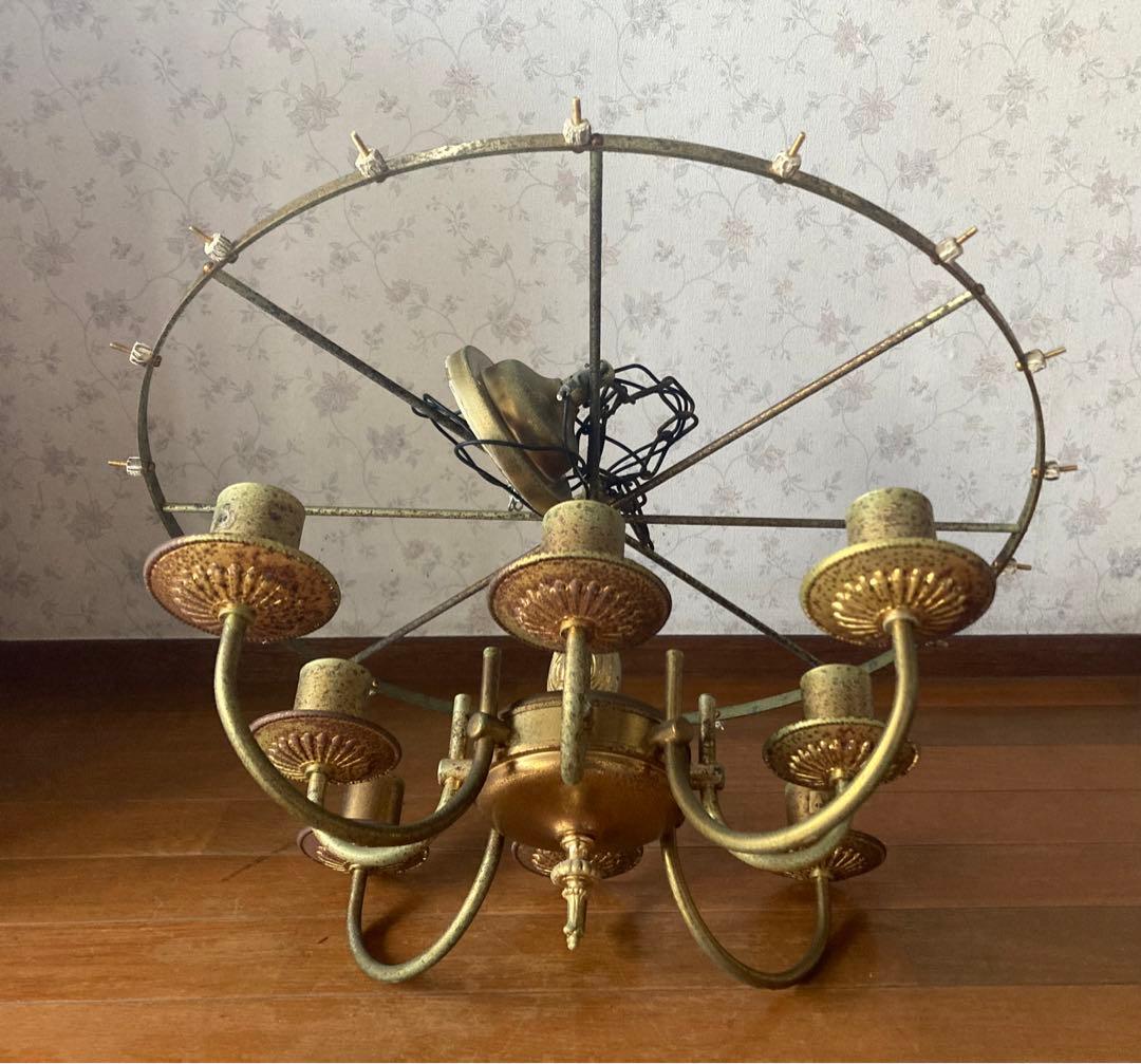 希少！超レトロ美品　アンテーク　燭台型 8連 板ガラス18枚囲いシャンデリア