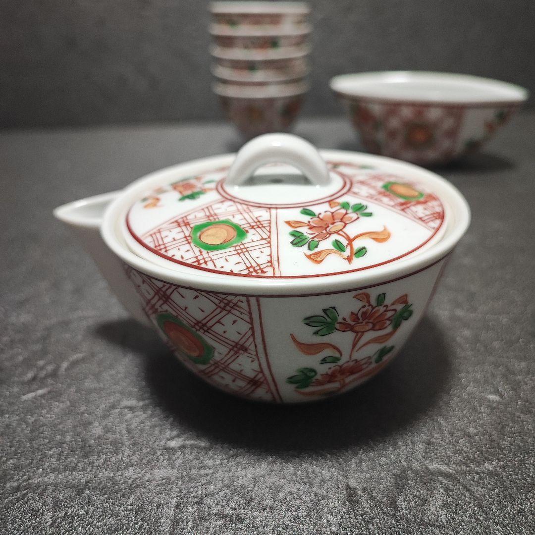 煎茶道具　有田　宝瓶　玉露　小茶器7点セット　グリーン玉赤絵　金彩　仙月