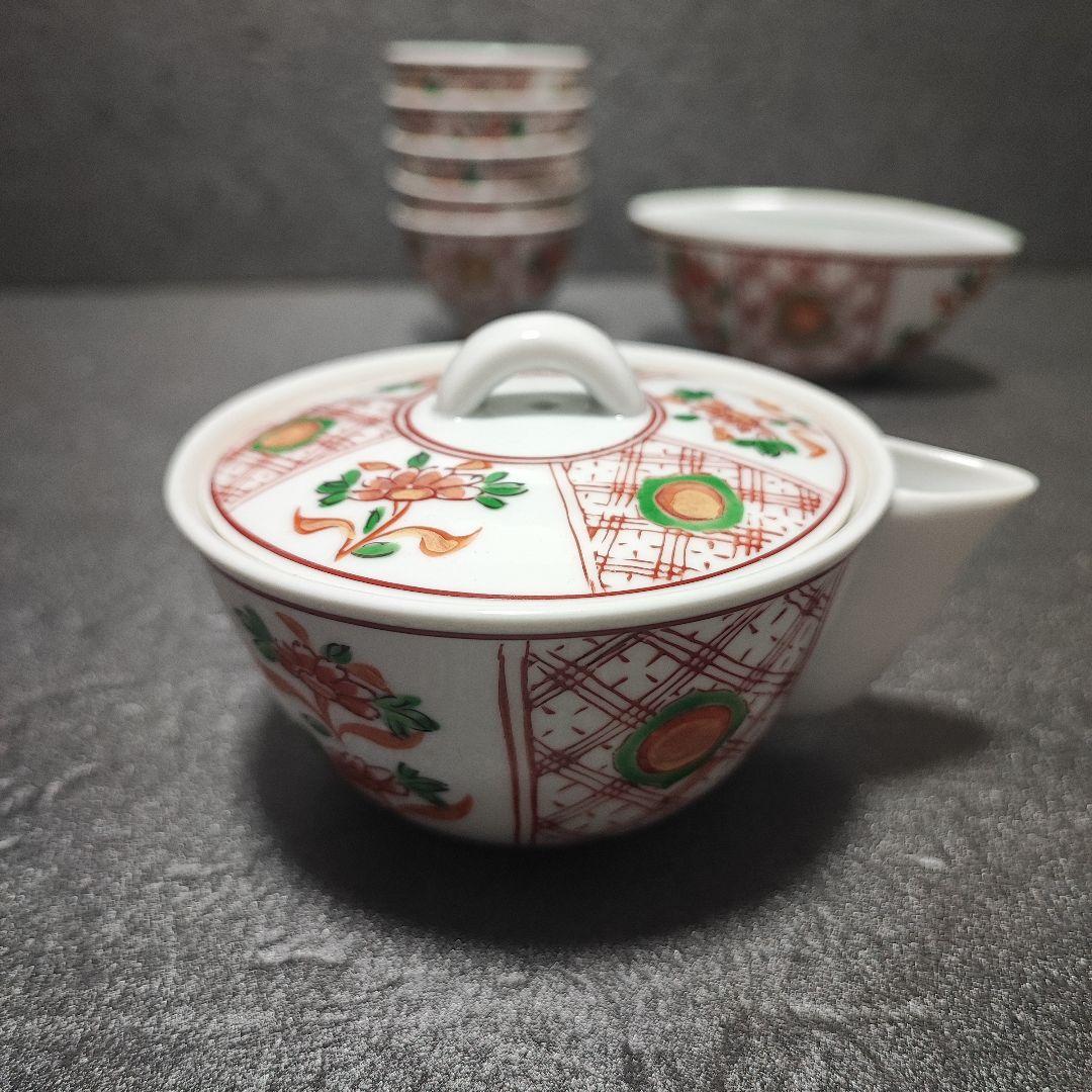 煎茶道具　有田　宝瓶　玉露　小茶器7点セット　グリーン玉赤絵　金彩　仙月