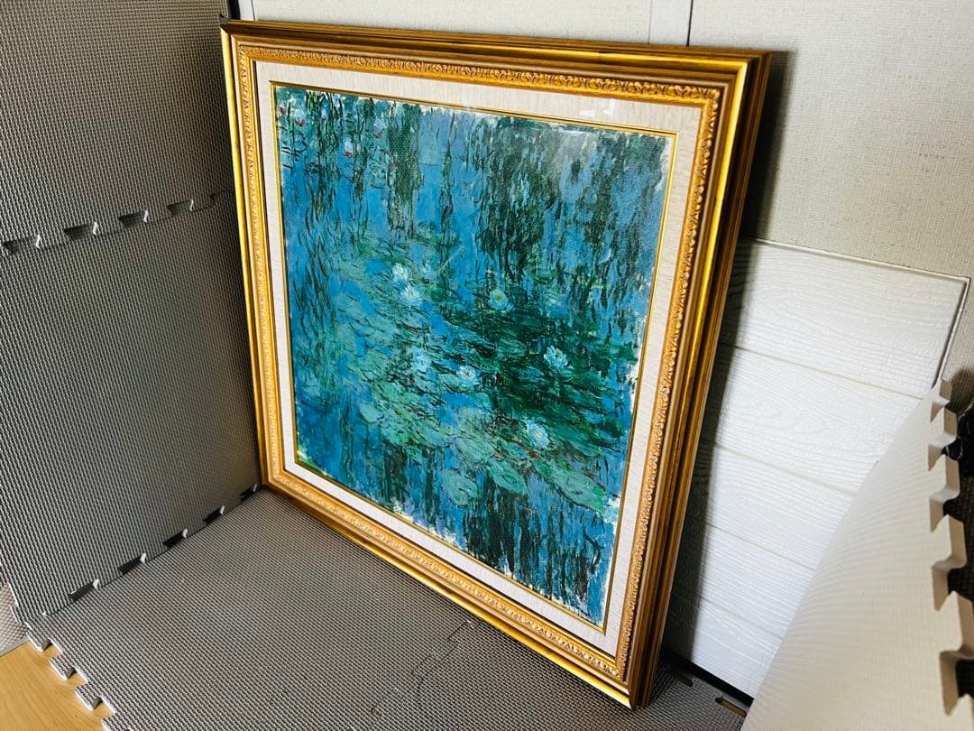 KA82☆青い睡蓮☆モネ 風景画 額縁付 説明付 箱有り 袋有り 大型 美品