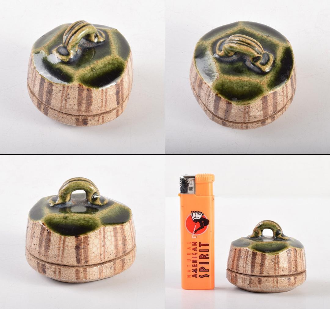 茶道具　織部焼　はじき織部　香合　極め箱　M　R4917