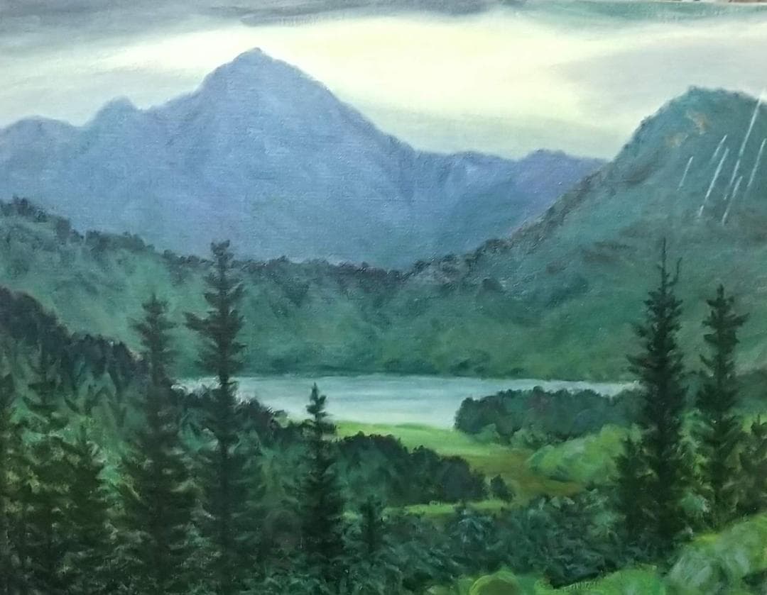 F15「雨の山湖」2002 平成14年 油絵 絵画