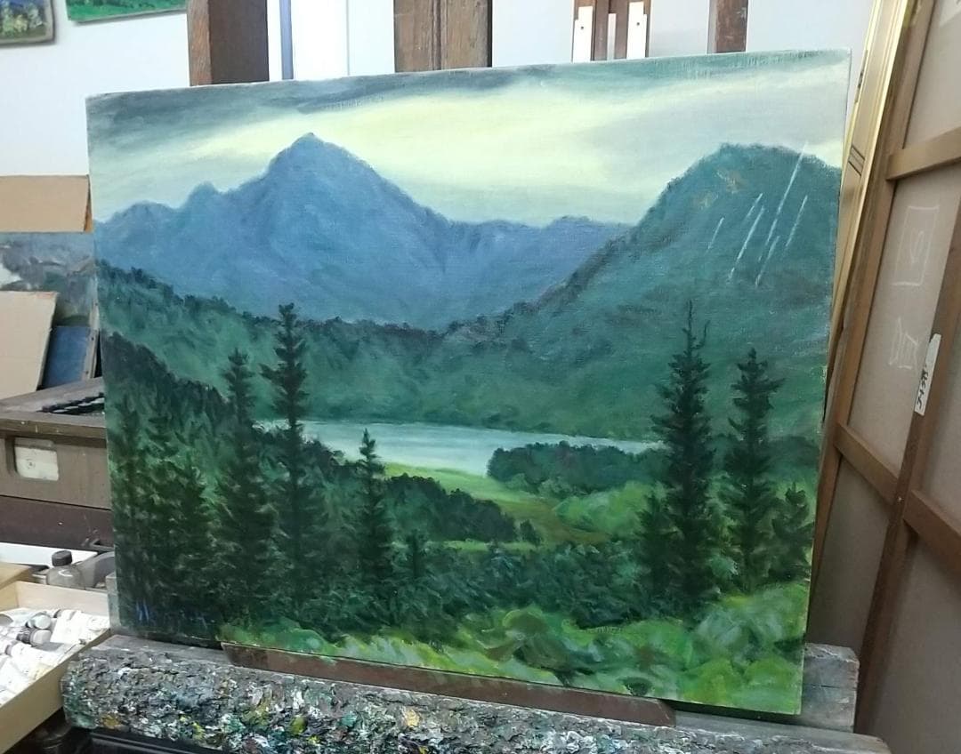 F15「雨の山湖」2002 平成14年 油絵 絵画