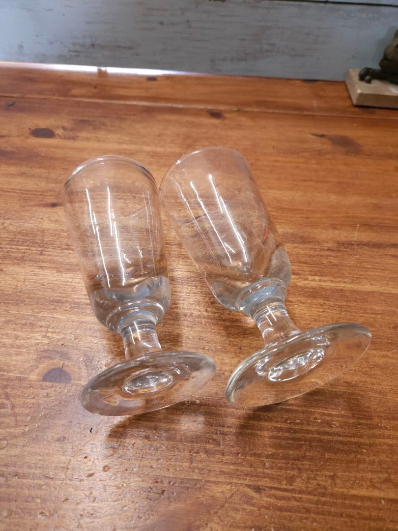 フランス アンティーク アブサングラス 2脚セット 厚手の吹き硝子 ウランガラス