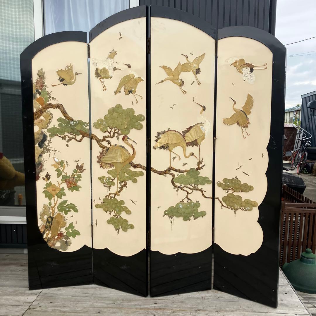 中国骨董 天然石細工 松 鶴 とんぼ 古典画装飾 木製 4連屏風 衝立 間仕切り