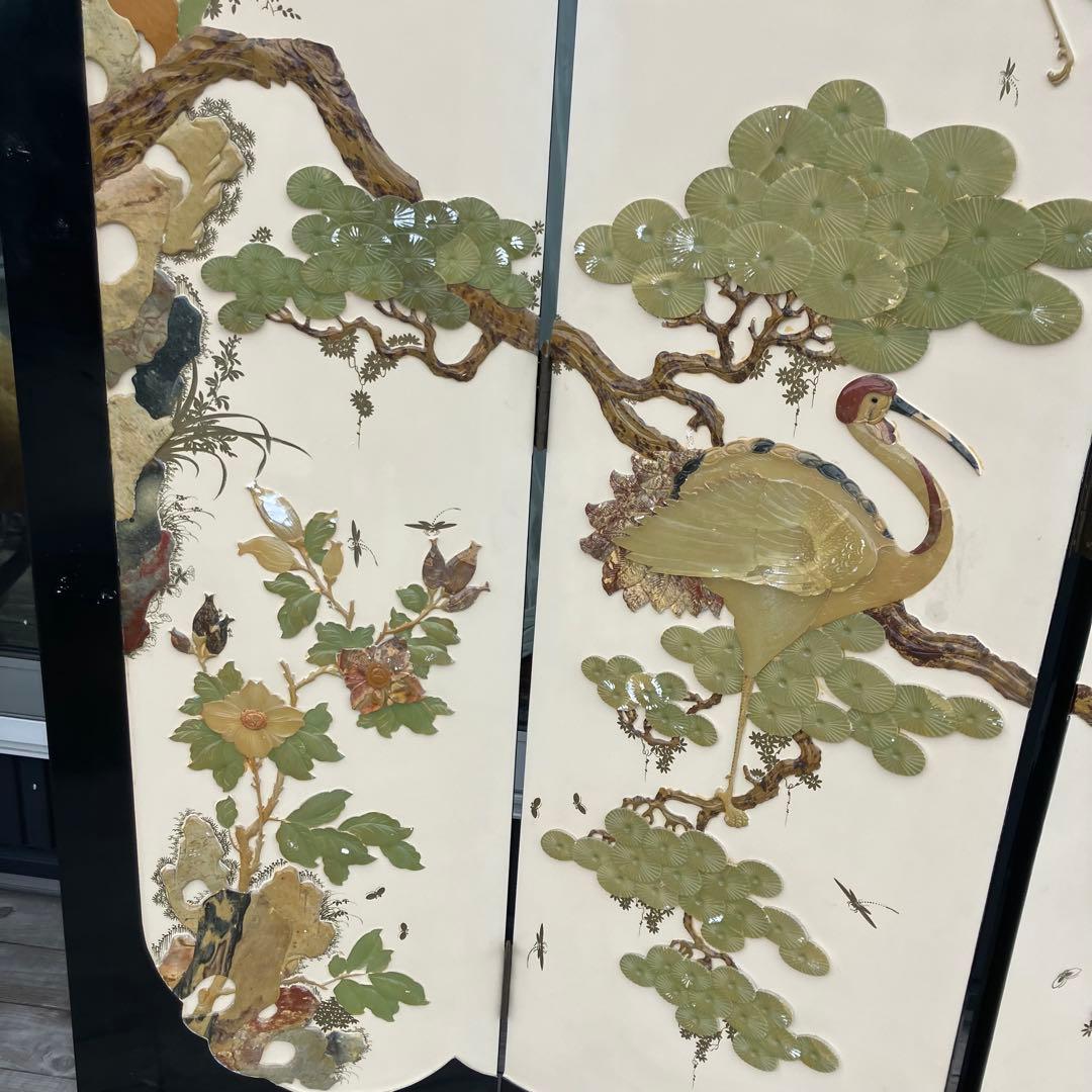 中国骨董 天然石細工 松 鶴 とんぼ 古典画装飾 木製 4連屏風 衝立 間仕切り