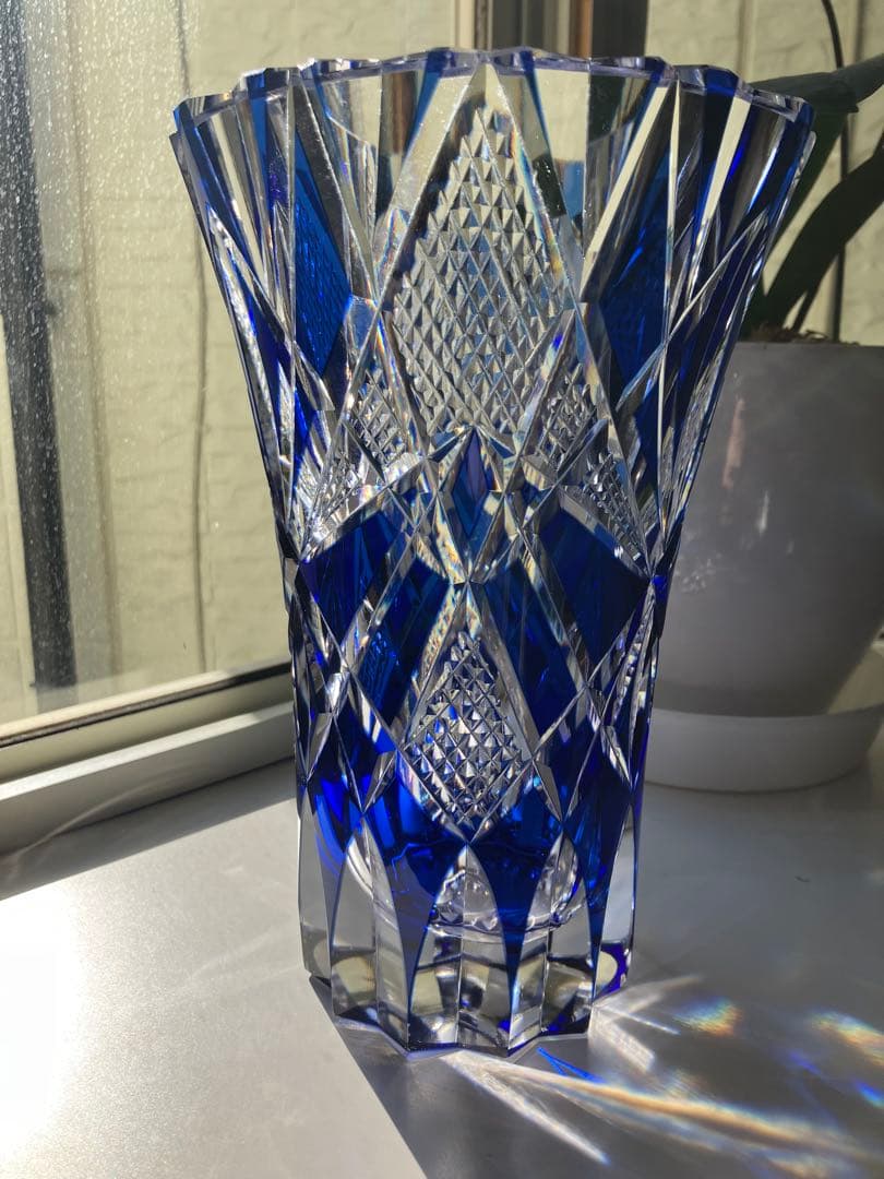 昭和レトロ◆江戸切子◆花器 花瓶◆昭和後期◆青被せ カットガラス