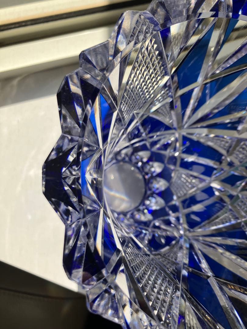 昭和レトロ◆江戸切子◆花器 花瓶◆昭和後期◆青被せ カットガラス